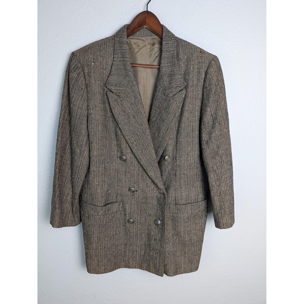 Doncaster Silks Suit Jacket Womens 16 Brown 100% Silk Tweed Lined‎ Six-Button